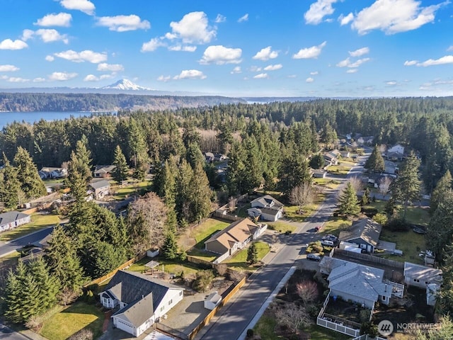 drone / aerial view featuring a wooded view and a water view