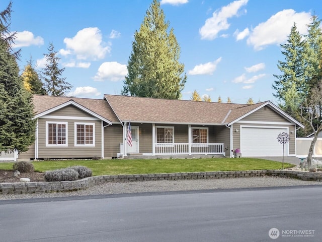 single story home featuring covered porch, concrete driveway, a front yard, a shingled roof, and a garage