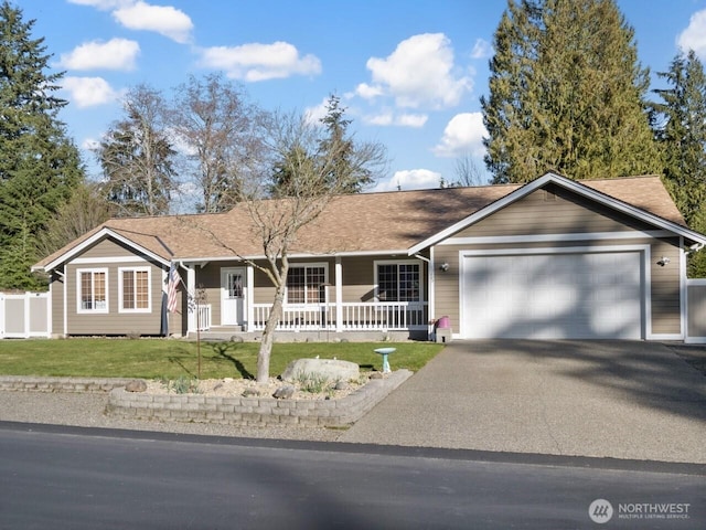 ranch-style home featuring a front lawn, aphalt driveway, covered porch, roof with shingles, and a garage