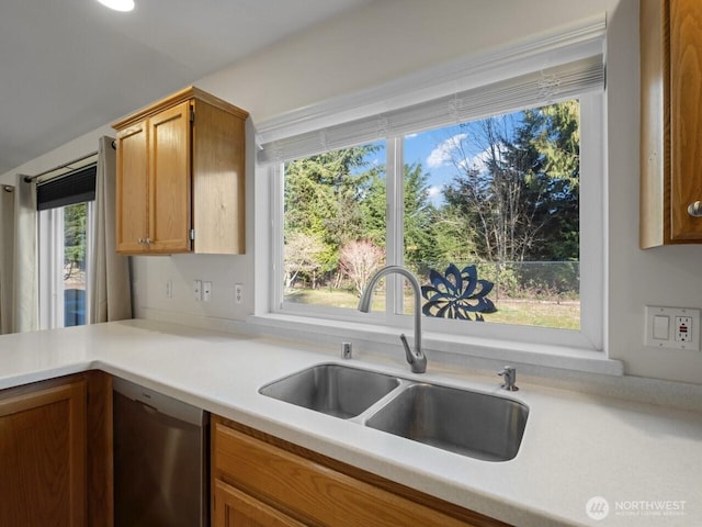 kitchen featuring stainless steel dishwasher, light countertops, a wealth of natural light, and a sink