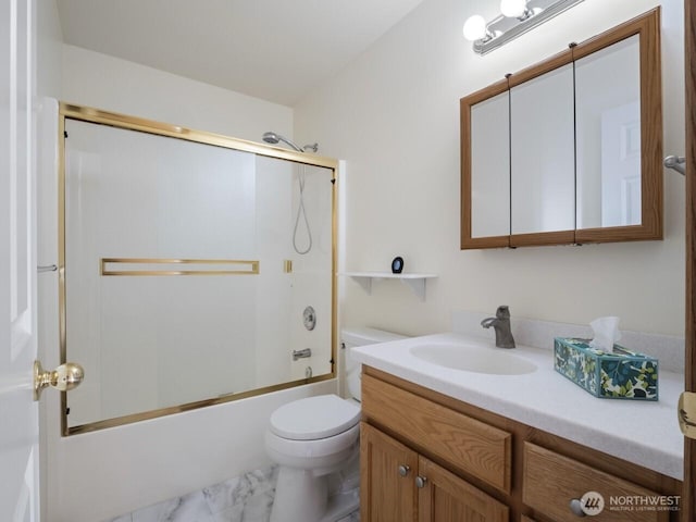 full bathroom with enclosed tub / shower combo, toilet, vanity, and marble finish floor