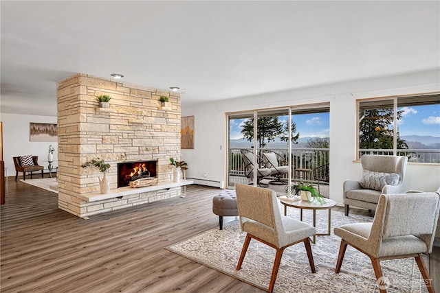 living room featuring a baseboard radiator, a fireplace, and wood finished floors