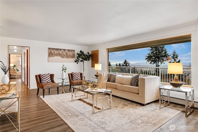 living room with baseboard heating and wood finished floors