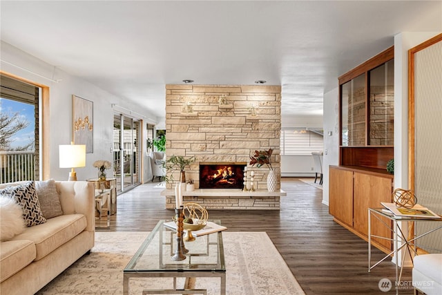 living area with baseboard heating, wood finished floors, and a stone fireplace