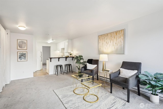 living area featuring light carpet and a baseboard radiator