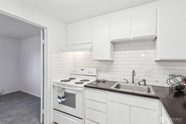 kitchen featuring under cabinet range hood, a sink, backsplash, and white electric range oven