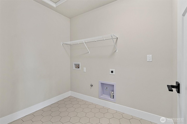 laundry area featuring laundry area, baseboards, hookup for a gas dryer, hookup for a washing machine, and electric dryer hookup