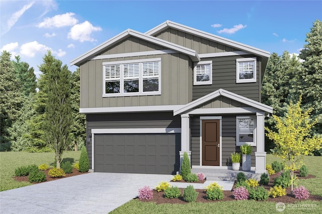 craftsman inspired home featuring a garage, driveway, and board and batten siding