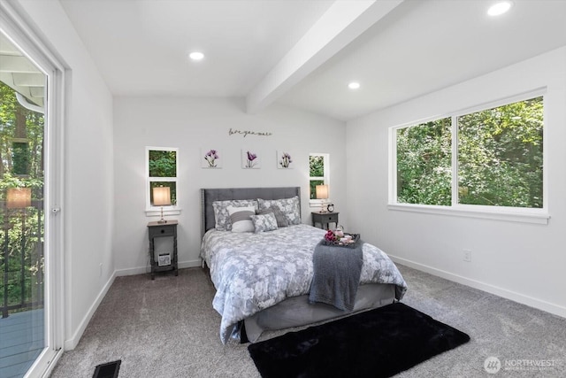 carpeted bedroom with access to outside, beam ceiling, baseboards, and recessed lighting