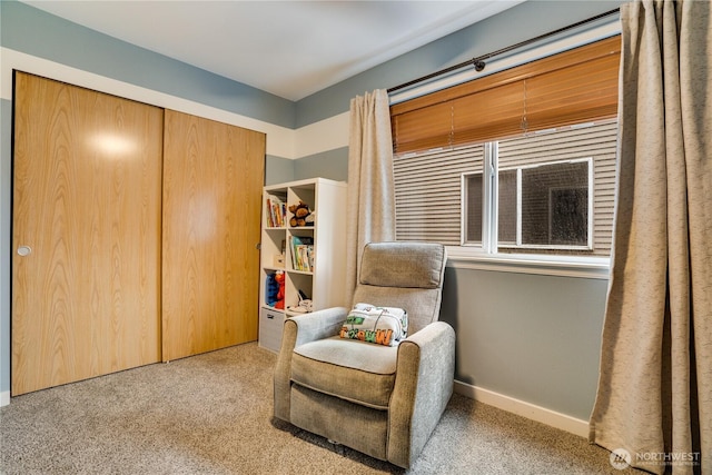 living area with baseboards and carpet