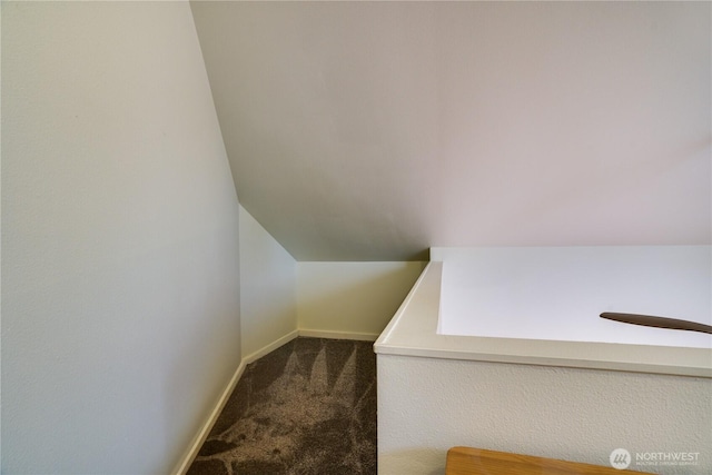 interior space with vaulted ceiling and dark colored carpet