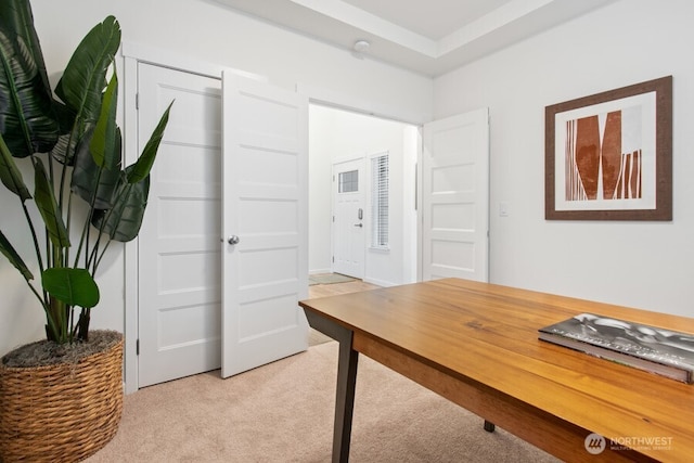 office area featuring light colored carpet