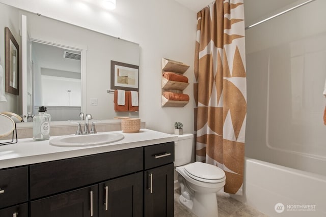 full bathroom featuring toilet, shower / tub combo, visible vents, and vanity