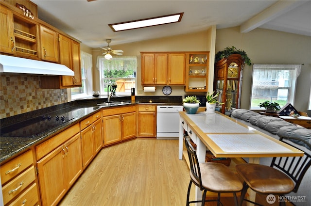 kitchen with lofted ceiling with skylight, white dishwasher, black electric stovetop, and open shelves