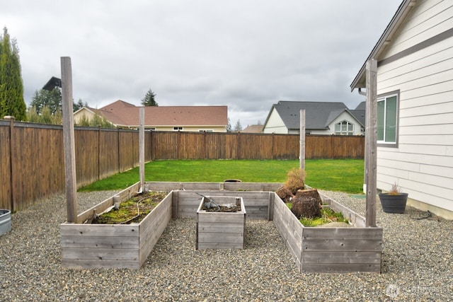 view of yard featuring a fenced backyard and a vegetable garden