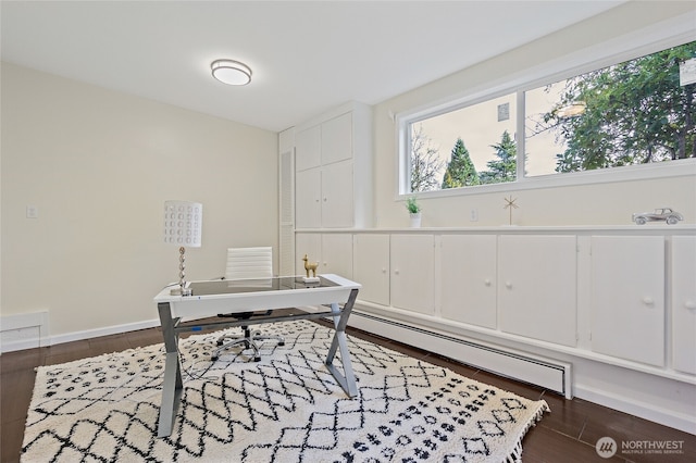 office space featuring baseboards, a baseboard heating unit, and dark wood-type flooring