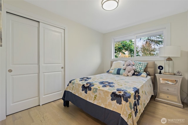 bedroom featuring a closet and light wood-type flooring