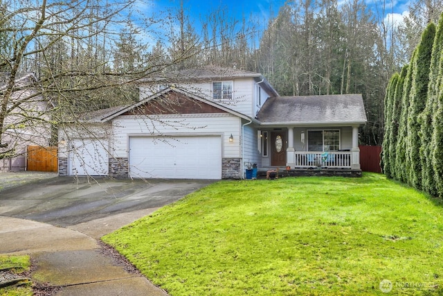 view of front of home with aphalt driveway, covered porch, a garage, stone siding, and a front lawn