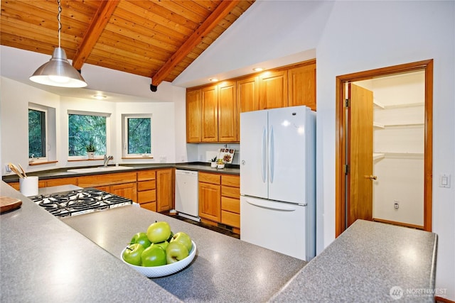 kitchen with wooden ceiling, hanging light fixtures, lofted ceiling with beams, a sink, and white appliances