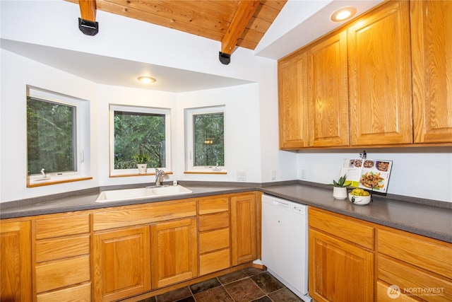 kitchen with white dishwasher, wooden ceiling, a sink, brown cabinets, and dark countertops