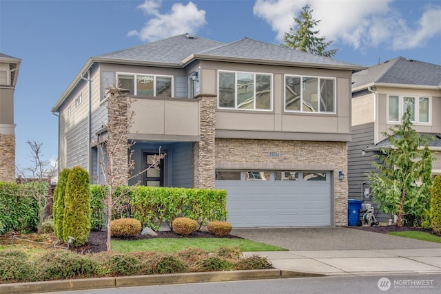 view of front of home with a balcony, a garage, stone siding, driveway, and stucco siding