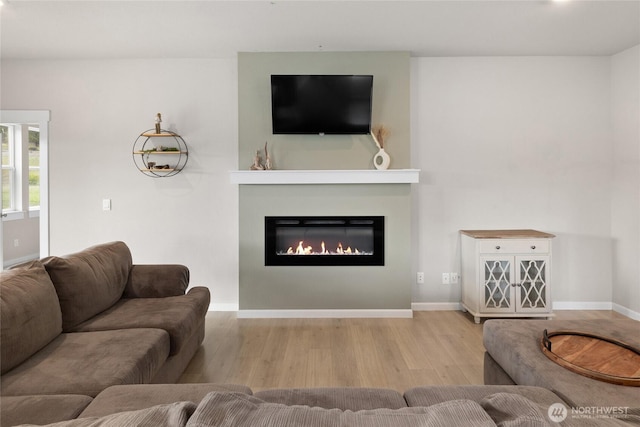 living area featuring a glass covered fireplace, baseboards, and wood finished floors