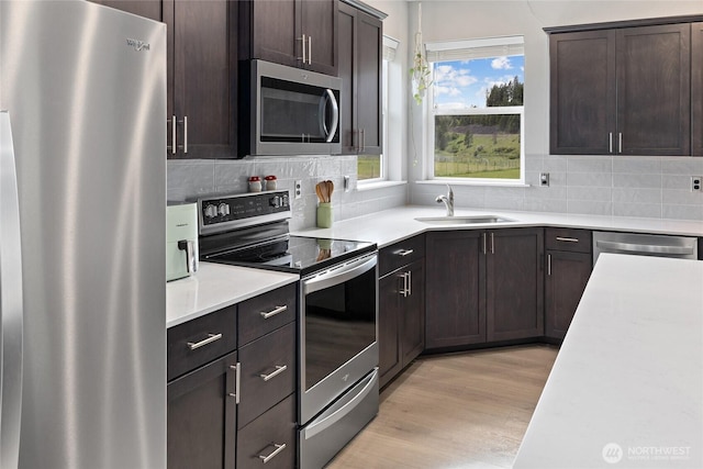 kitchen with stainless steel appliances, tasteful backsplash, a sink, dark brown cabinets, and light wood-type flooring