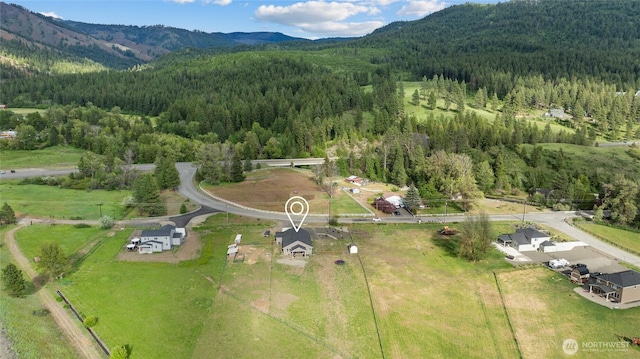 drone / aerial view featuring a mountain view and a view of trees