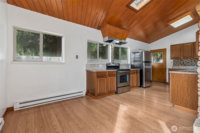 kitchen with decorative backsplash, appliances with stainless steel finishes, brown cabinets, baseboard heating, and light wood-type flooring