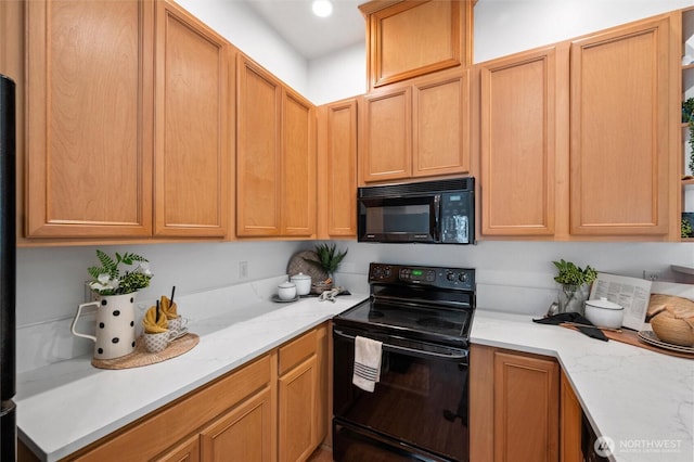 kitchen with light stone countertops and black appliances