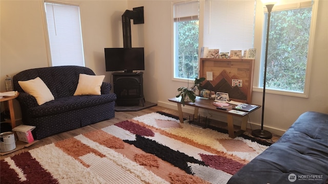 living area featuring baseboards, wood finished floors, and a wood stove