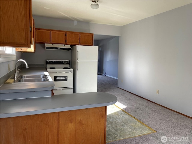 kitchen featuring under cabinet range hood, a peninsula, white appliances, a sink, and brown cabinets