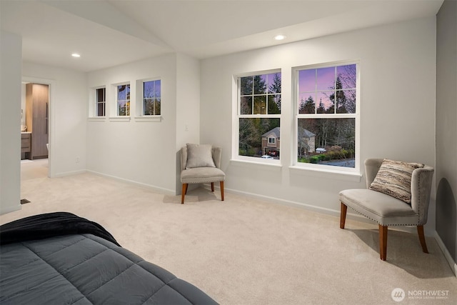 carpeted bedroom featuring recessed lighting and baseboards