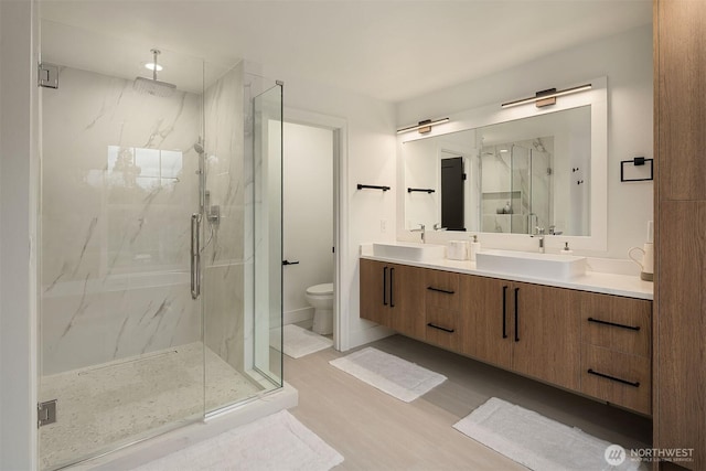 full bath featuring a sink, a marble finish shower, and double vanity