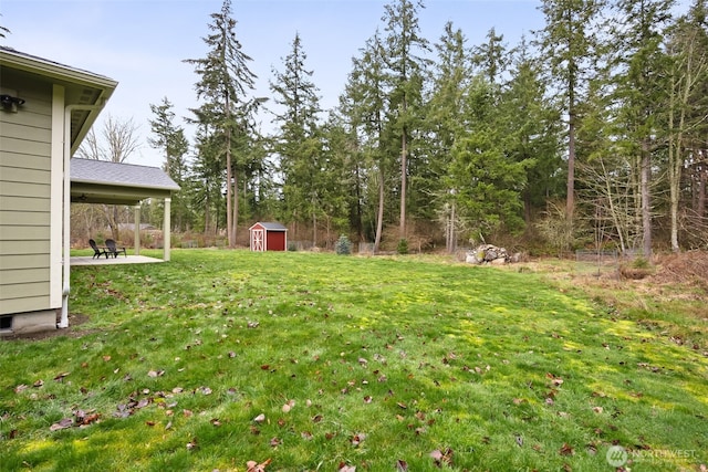 view of yard with an outbuilding, a patio, and a storage shed