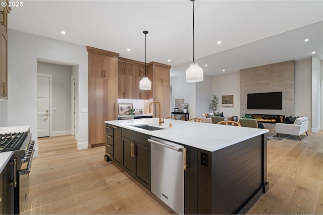 kitchen with light wood-style floors, appliances with stainless steel finishes, a sink, and recessed lighting