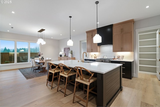 kitchen with tasteful backsplash, an island with sink, ventilation hood, light wood-type flooring, and a sink