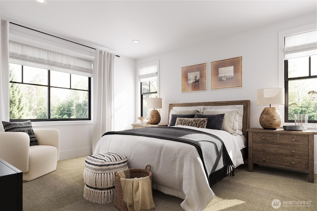 bedroom with carpet, baseboards, and recessed lighting