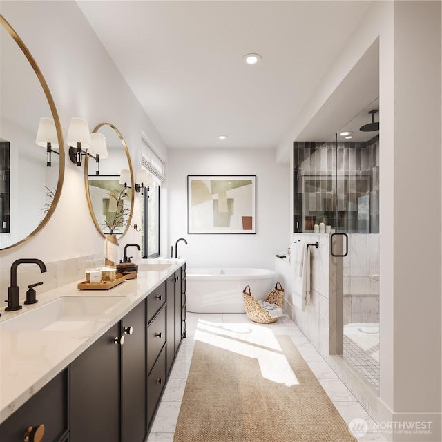 full bathroom with a freestanding bath, double vanity, a sink, and a shower stall