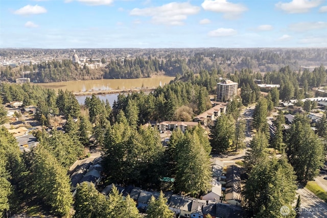 birds eye view of property with a water view and a wooded view