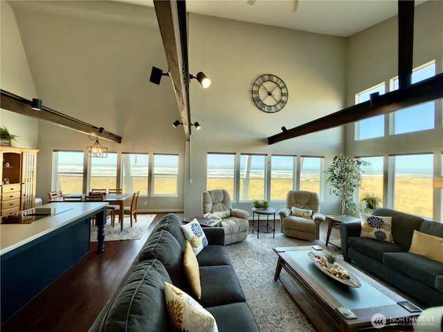 living area with a high ceiling and dark wood-style floors