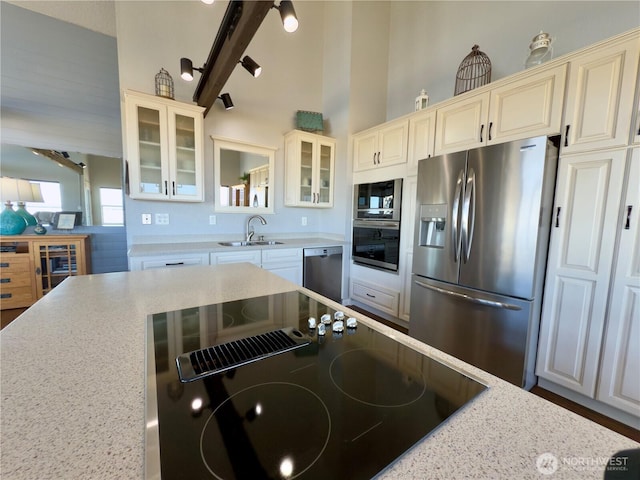 kitchen featuring glass insert cabinets, stainless steel appliances, a high ceiling, and a sink