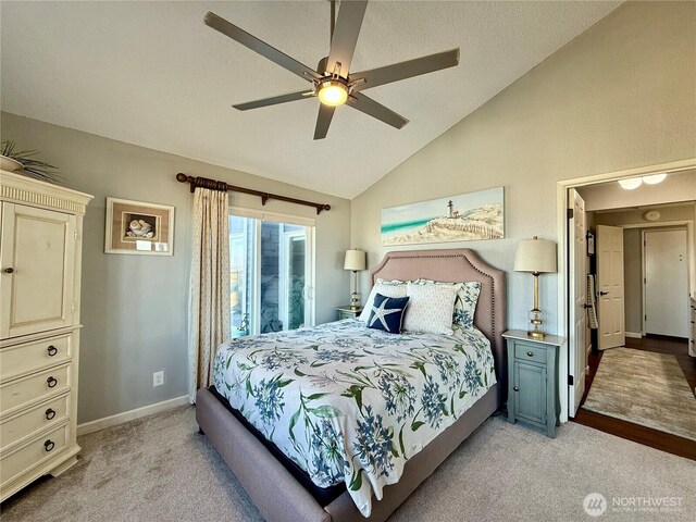 bedroom featuring baseboards, lofted ceiling, light carpet, a ceiling fan, and access to outside