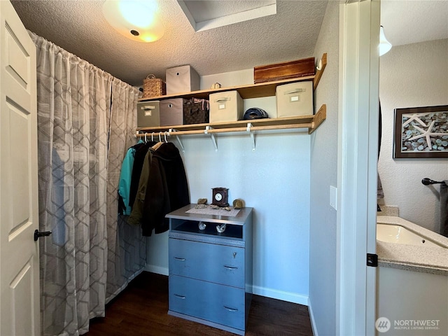 walk in closet featuring dark wood-type flooring