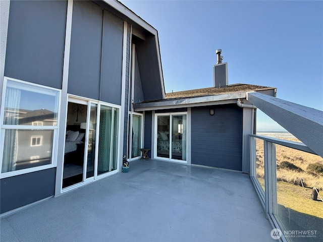 rear view of property with a patio and a chimney