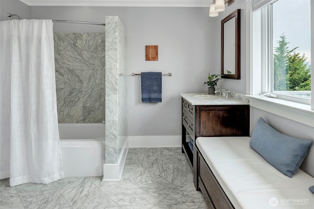 full bath with vanity, shower / tub combo, baseboards, and marble finish floor