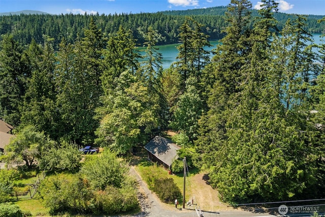 birds eye view of property featuring a forest view and a water view