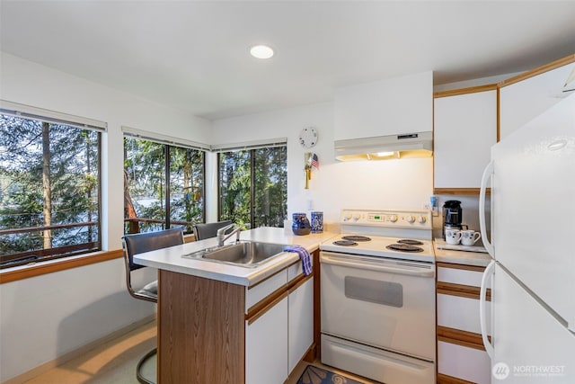 kitchen with white appliances, a peninsula, light countertops, under cabinet range hood, and white cabinetry