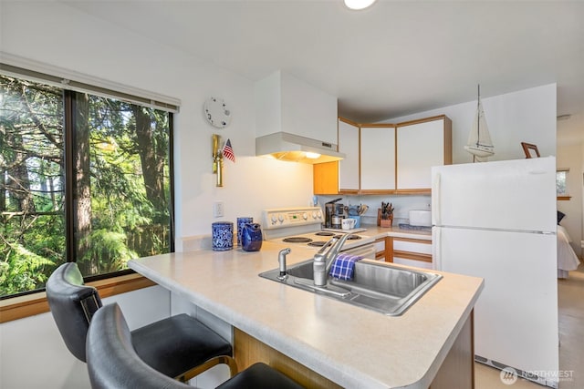 kitchen with white appliances, a peninsula, light countertops, under cabinet range hood, and a sink