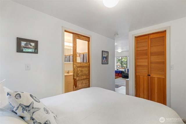 bedroom with a closet and connected bathroom